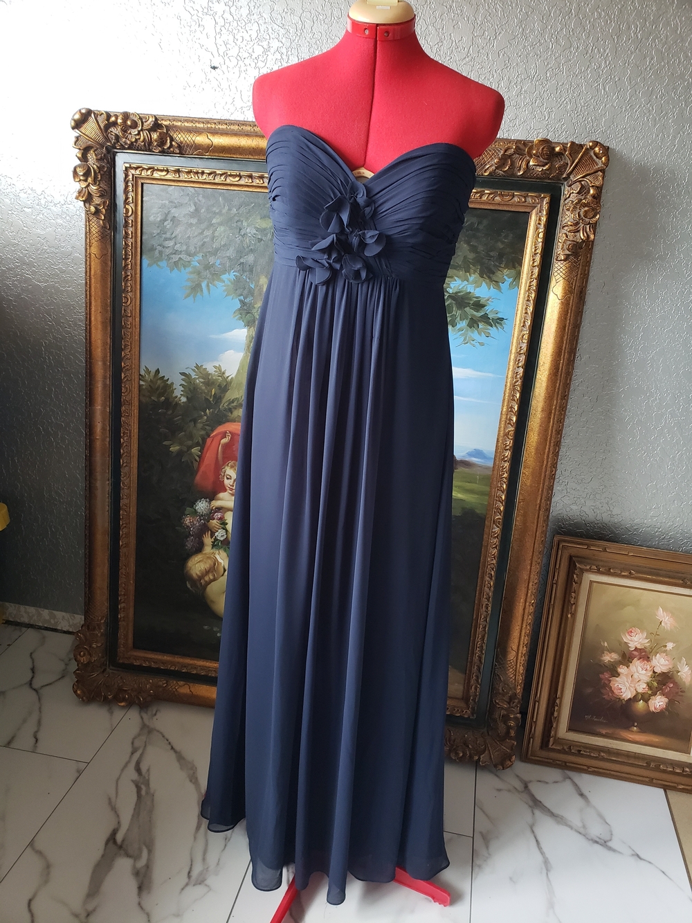 Bill Levkoff Strapless Navy Chiffon Gown with Rosette Detail